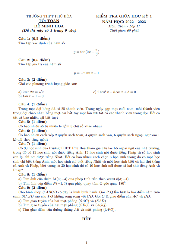 Đề minh họa giữa kỳ 1 Toán 11 năm 2022 – 2023 trường THPT Phú Hòa – TP HCM