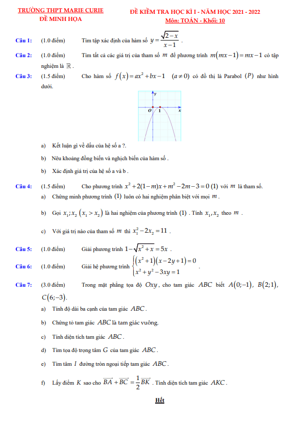Đề minh họa học kì 1 Toán 10 năm 2021 – 2022 trường THPT Marie Curie – TP HCM
