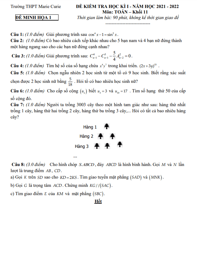 Đề minh họa học kì 1 Toán 11 năm 2021 – 2022 trường THPT Marie Curie – TP HCM