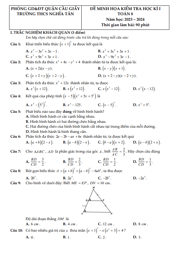 Đề minh họa học kì 1 Toán 8 năm 2023 – 2024 trường THCS Nghĩa Tân – Hà Nội