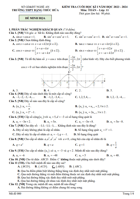 Đề minh họa kì 1 Toán 11 năm 2023 – 2024 trường THPT Đặng Thúc Hứa – Nghệ An
