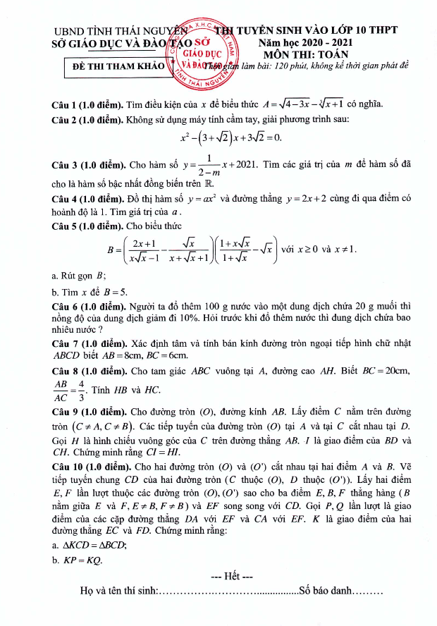 Đề minh họa thi vào 10 môn Toán năm 2020 – 2021 sở GD&ĐT Thái Nguyên