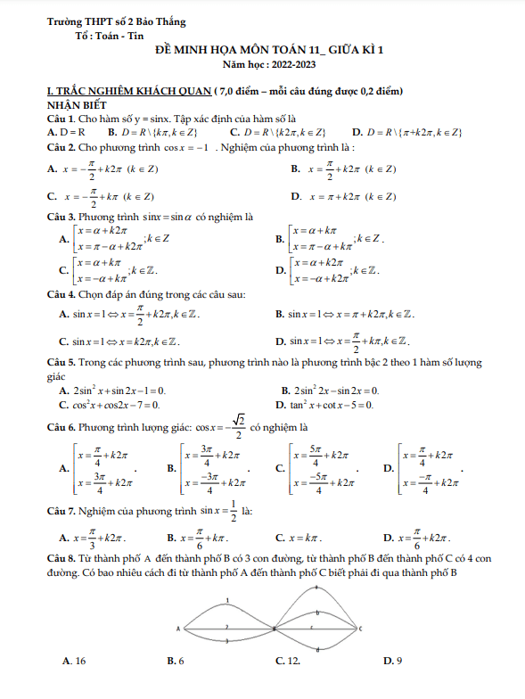 Đề minh họa Toán 11 giữa kì 1 năm 2022 – 2023 trường THPT Bảo Thắng 2 – Lào Cai