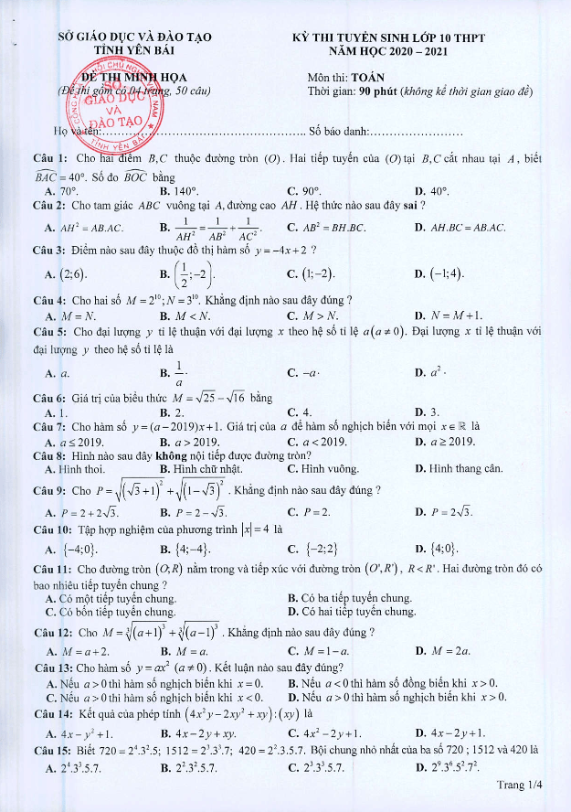 Đề minh họa Toán tuyển sinh lớp 10 THPT năm 2020 – 2021 sở GD&ĐT Yên Bái