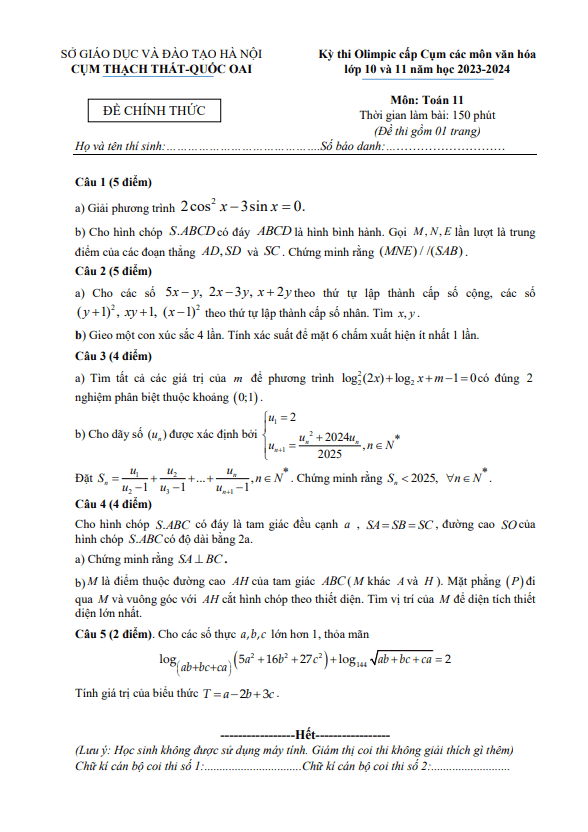 Đề Olimpic Toán 11 năm 2023 – 2024 cụm Thạch Thất & Quốc Oai – Hà Nội