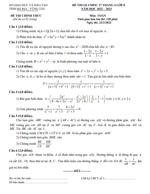 Đề Olympic 27 tháng 04 Toán 8 năm 2022 – 2023 sở GD&ĐT Bà Rịa – Vũng Tàu