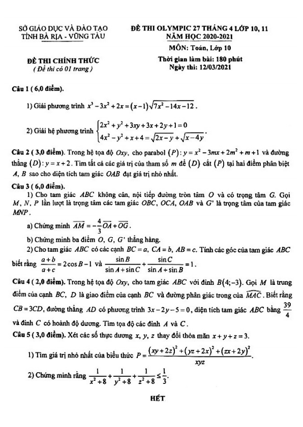 Đề Olympic 27 tháng 4 Toán 10 năm 2020 – 2021 sở GD&ĐT Bà Rịa – Vũng Tàu