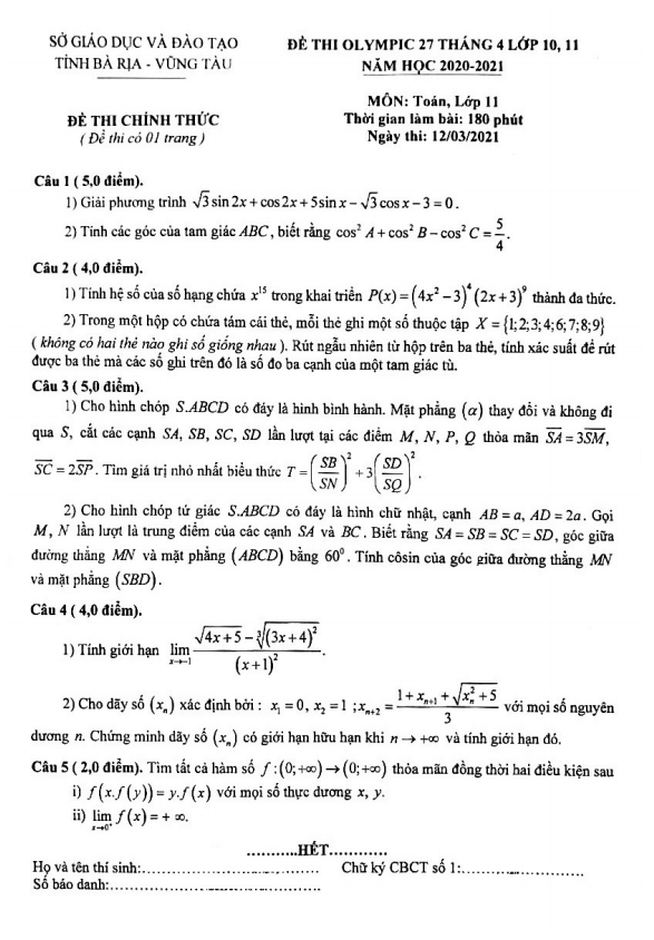 Đề Olympic 27 tháng 4 Toán 11 năm 2020 – 2021 sở GD&ĐT Bà Rịa – Vũng Tàu