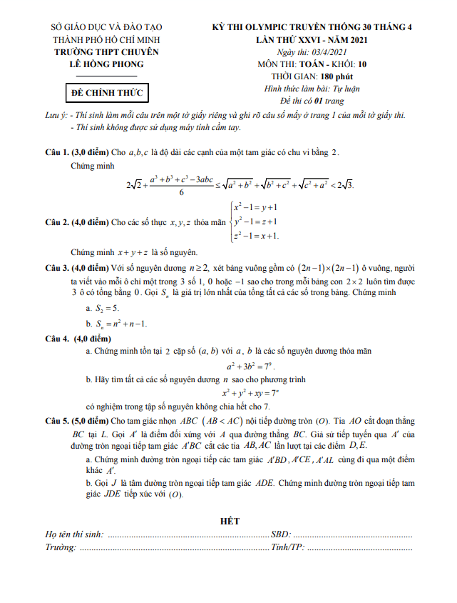 Đề Olympic 30 tháng 4 Toán 10 năm 2021 trường chuyên Lê Hồng Phong – TP HCM