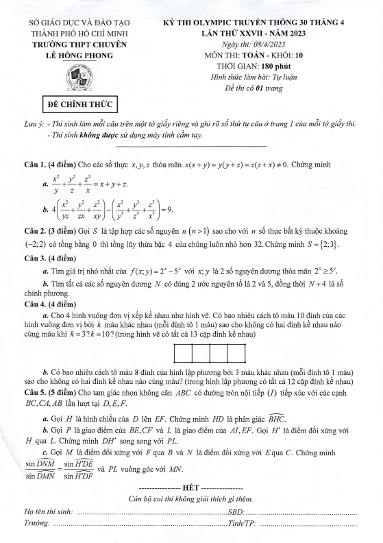 Đề Olympic 30 tháng 4 Toán 10 năm 2023 trường chuyên Lê Hồng Phong – TP HCM