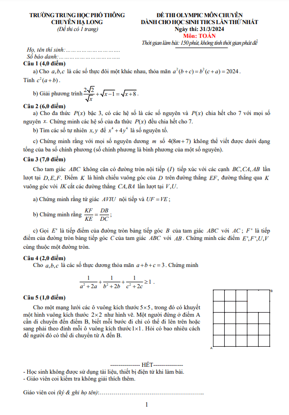 Đề Olympic chuyên Toán THCS lần 1 năm 2023 – 2024 trường chuyên Hạ Long – Quảng Ninh
