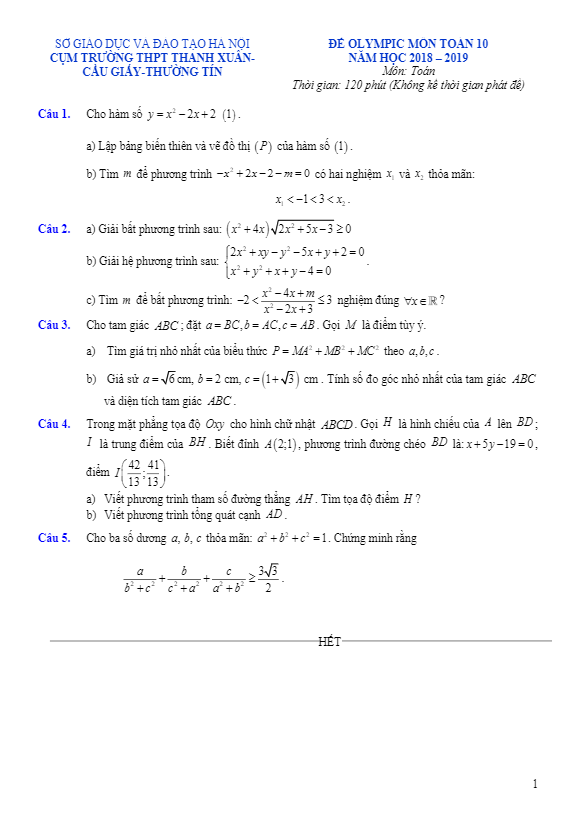 Đề Olympic Toán 10 năm 2019 cụm THPT Thanh Xuân & Cầu Giấy & Thường Tín – Hà Nội