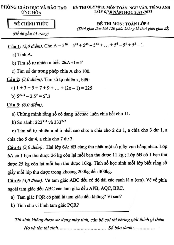 Đề Olympic Toán 6 năm 2021 – 2022 phòng GD&ĐT Ứng Hòa – Hà Nội