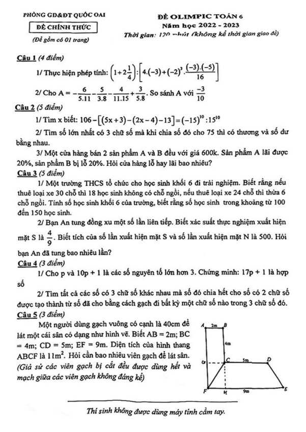 Đề Olympic Toán 6 năm 2022 – 2023 phòng GD&ĐT Quốc Oai – Hà Nội