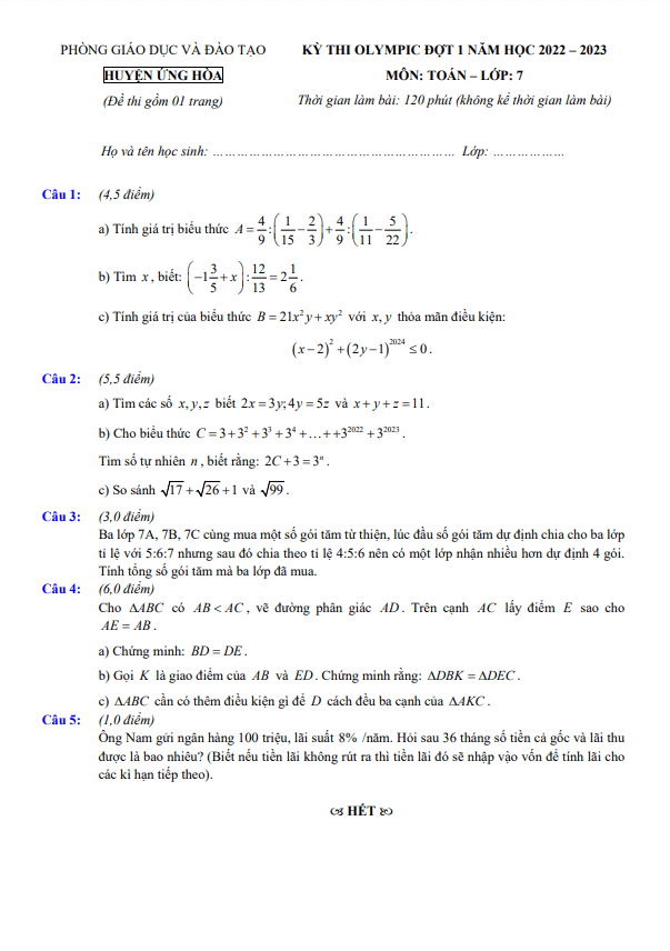 Đề Olympic Toán 7 đợt 1 năm 2022 – 2023 phòng GD&ĐT Ứng Hòa – Hà Nội
