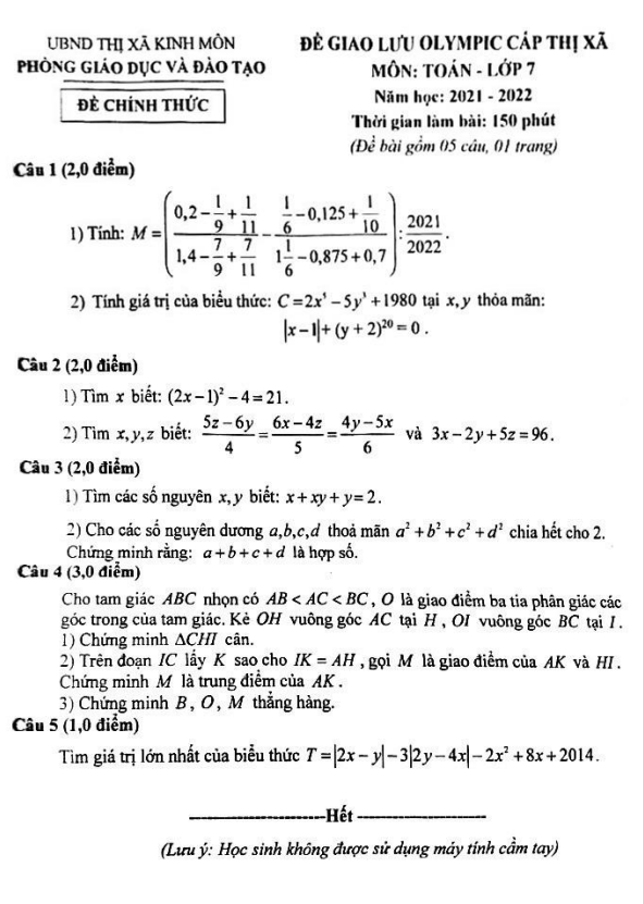 Đề Olympic Toán 7 năm 2021 – 2022 phòng GD&ĐT Kinh Môn – Hải Dương