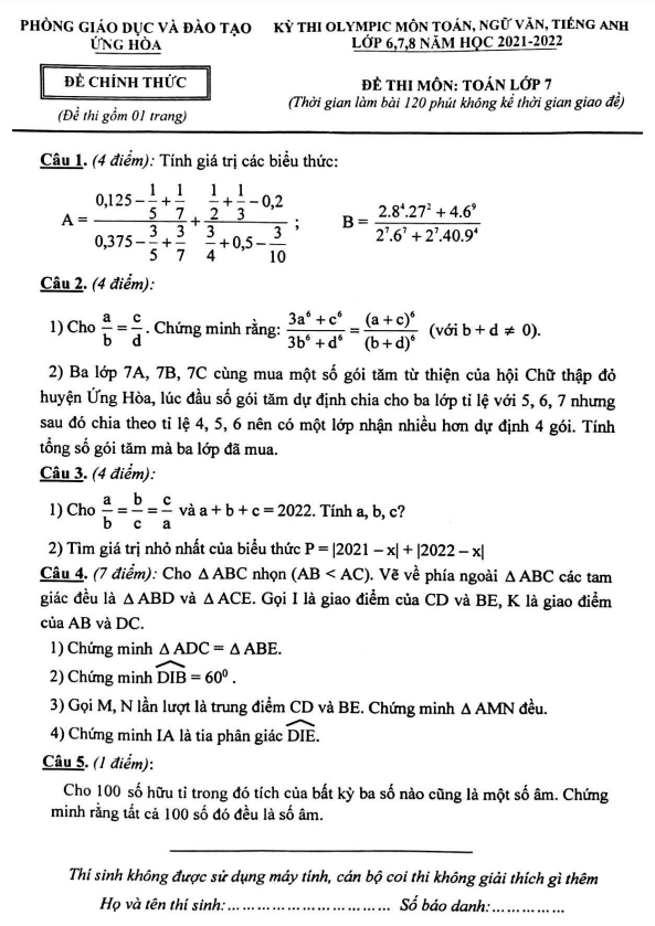 Đề Olympic Toán 7 năm 2021 – 2022 phòng GD&ĐT Ứng Hòa – Hà Nội