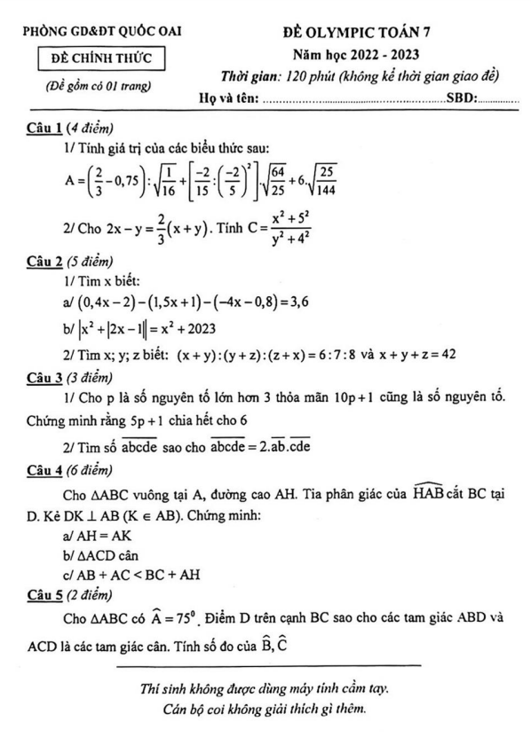 Đề Olympic Toán 7 năm 2022 – 2023 phòng GD&ĐT Quốc Oai – Hà Nội