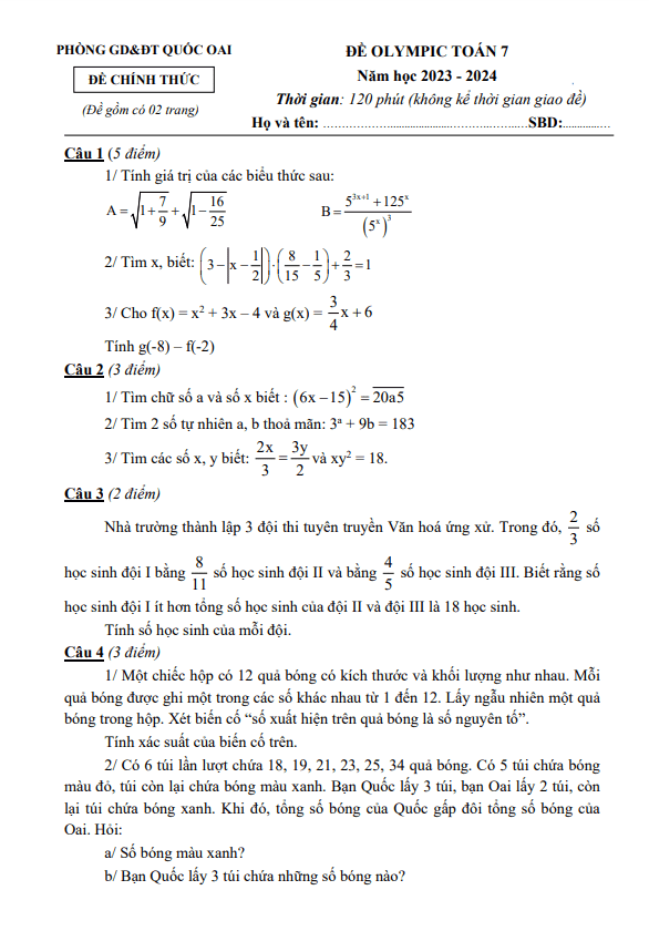 Đề Olympic Toán 7 năm 2023 – 2024 phòng GD&ĐT Quốc Oai – Hà Nội