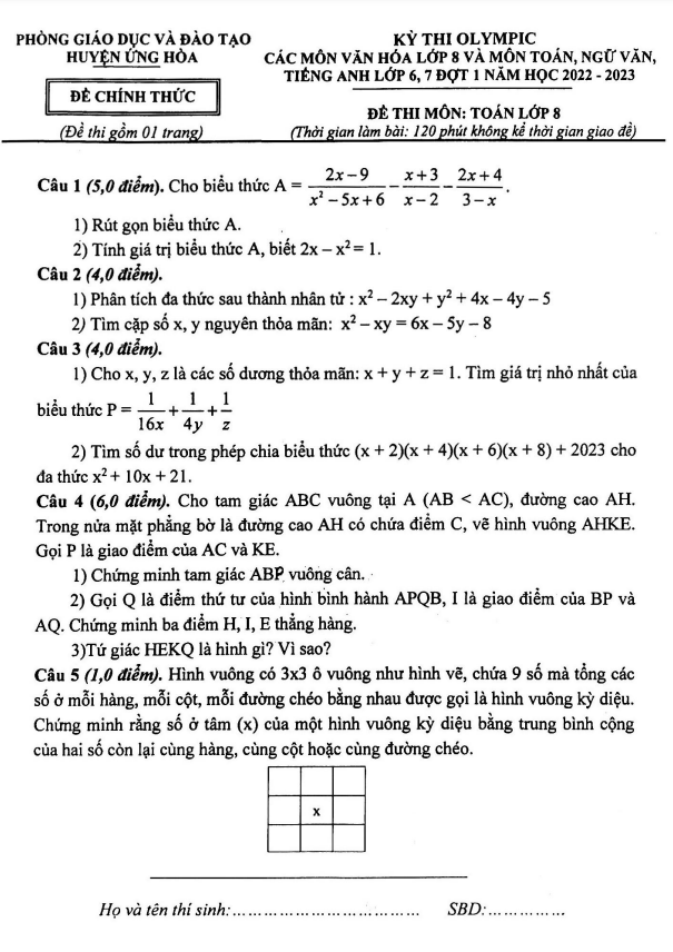Đề Olympic Toán 8 đợt 1 năm 2022 – 2023 phòng GD&ĐT Ứng Hòa – Hà Nội