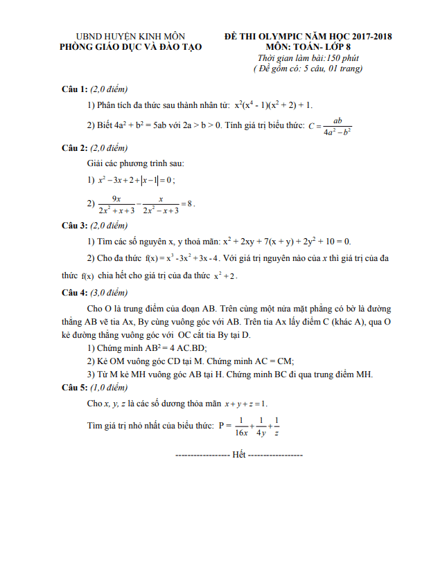 Đề Olympic Toán 8 năm 2017 – 2018 phòng GD&ĐT Kinh Môn – Hải Dương