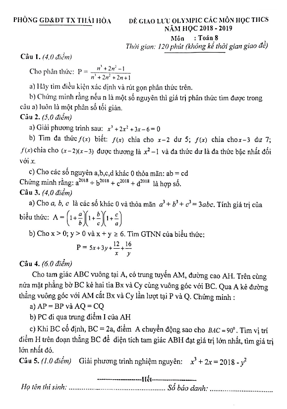 Đề Olympic Toán 8 năm 2018 – 2019 phòng GD&ĐT TX Thái Hòa – Nghệ An