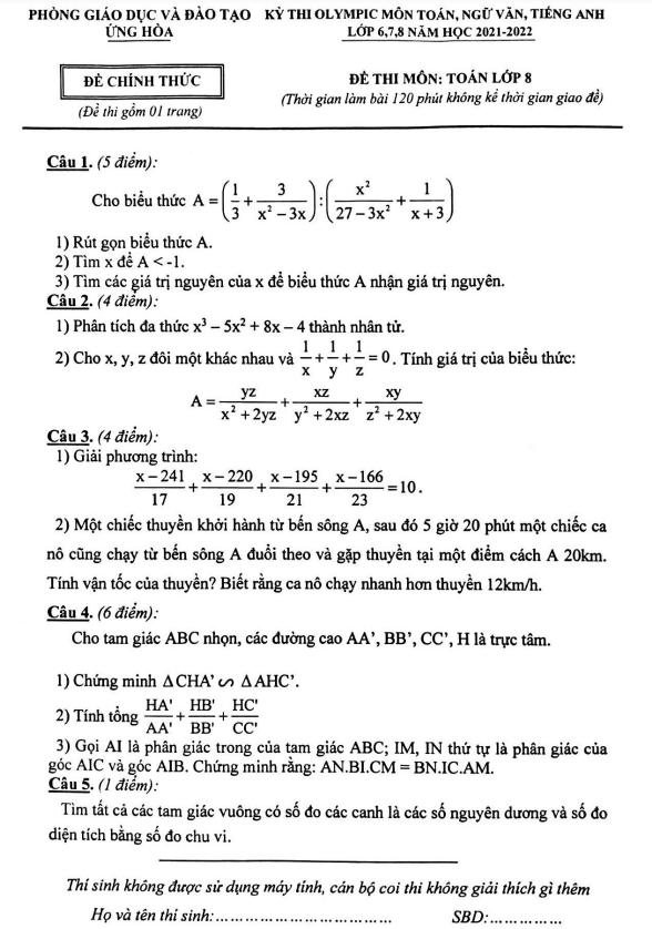 Đề Olympic Toán 8 năm 2021 – 2022 phòng GD&ĐT Ứng Hòa – Hà Nội
