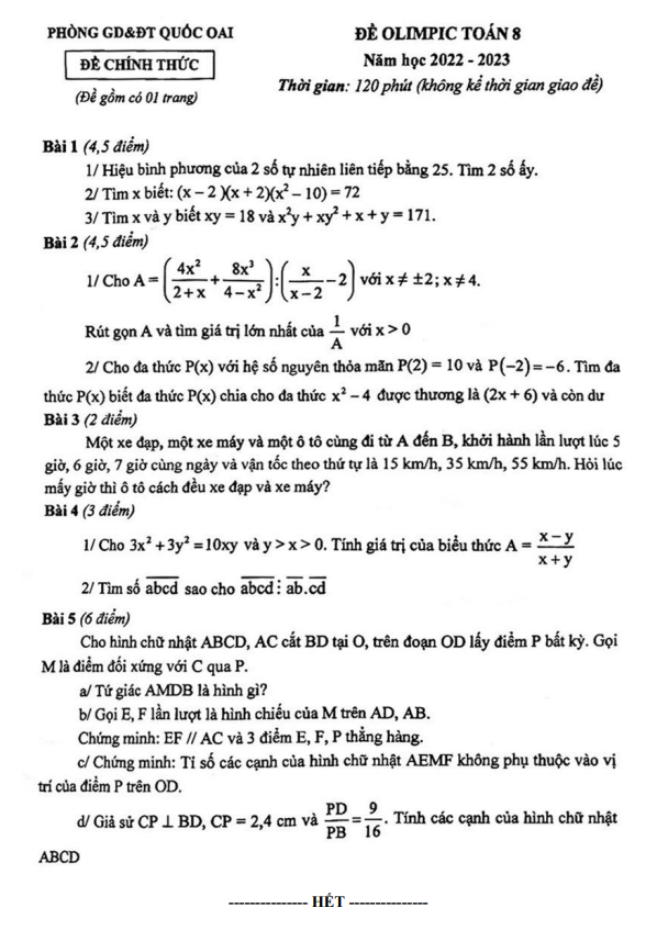Đề Olympic Toán 8 năm 2022 – 2023 phòng GD&ĐT Quốc Oai – Hà Nội
