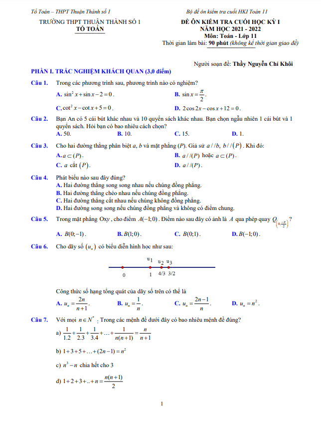 Đề ôn tập cuối học kỳ 1 Toán 11 năm 2021 – 2022 trường Thuận Thành 1 – Bắc Ninh