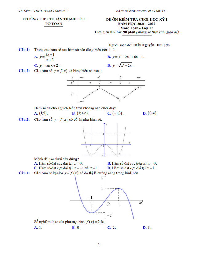 Đề ôn tập cuối học kỳ 1 Toán 12 năm 2021 – 2022 trường Thuận Thành 1 – Bắc Ninh