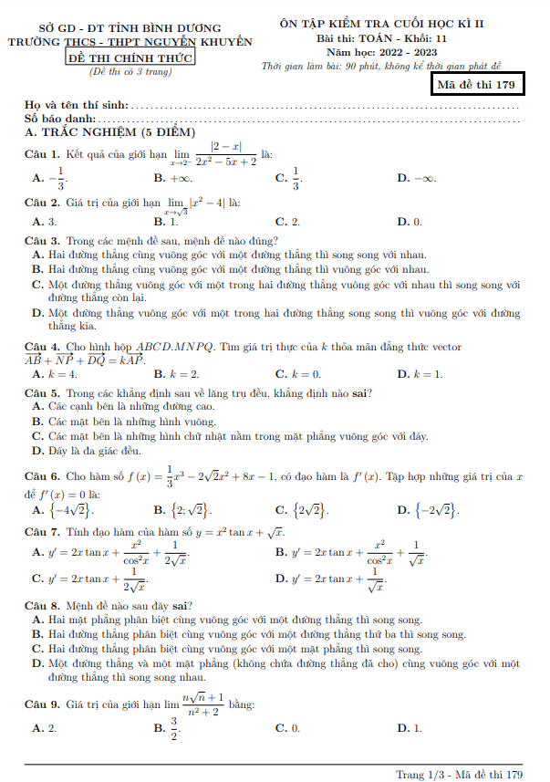 Đề ôn tập cuối kì 2 Toán 11 năm 2022 – 2023 trường Nguyễn Khuyến – Bình Dương