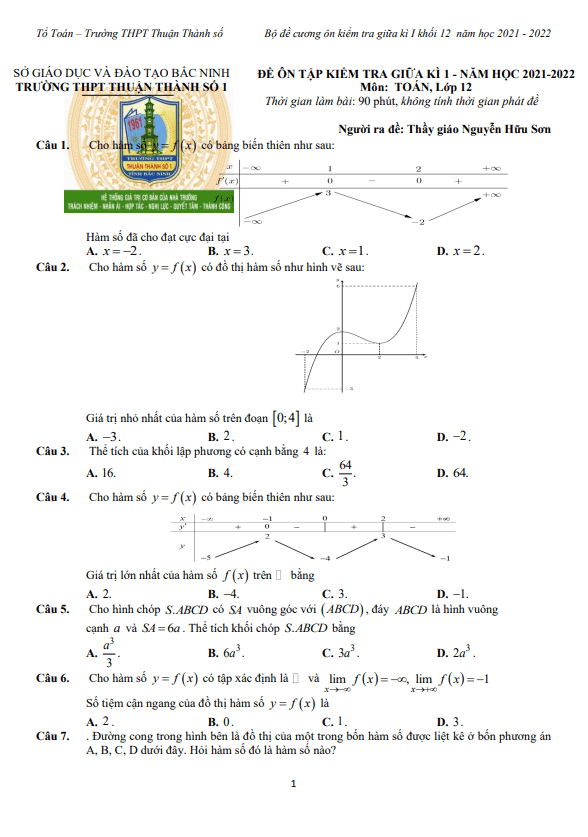 Đề ôn tập giữa kì 1 Toán 12 năm 2021 – 2022 trường Thuận Thành 1 – Bắc Ninh