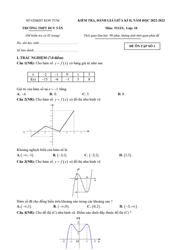 Đề ôn tập giữa kì 2 Toán 10 năm 2022 – 2023 trường THPT Duy Tân – Kon Tum