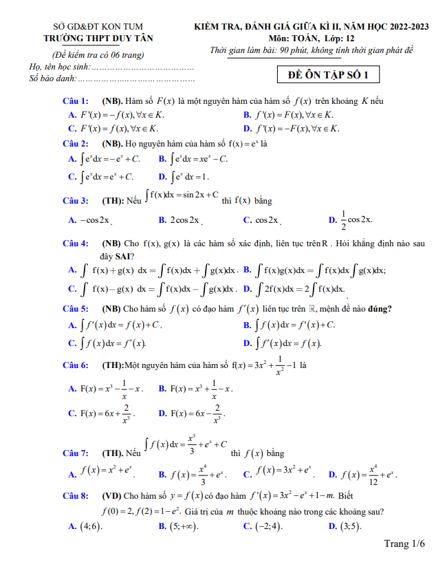 Đề ôn tập giữa kì 2 Toán 12 năm 2022 – 2023 trường THPT Duy Tân – Kon Tum