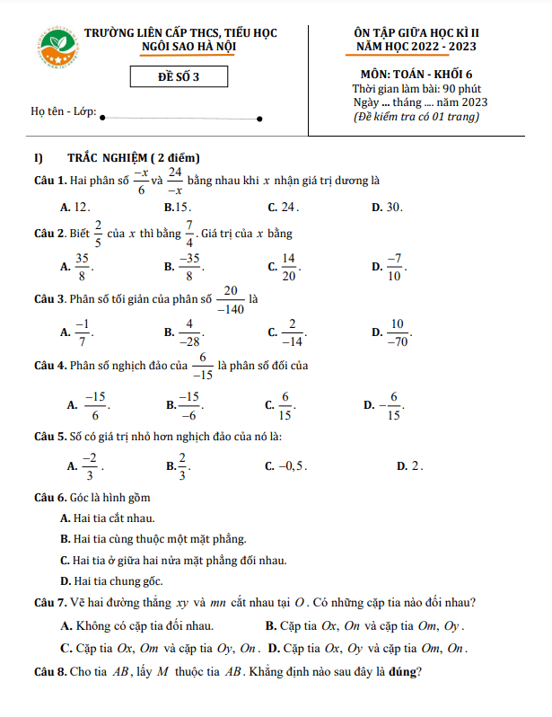 Đề ôn tập giữa kì 2 Toán 6 năm 2022 – 2023 trường TH & THCS Ngôi Sao Hà Nội