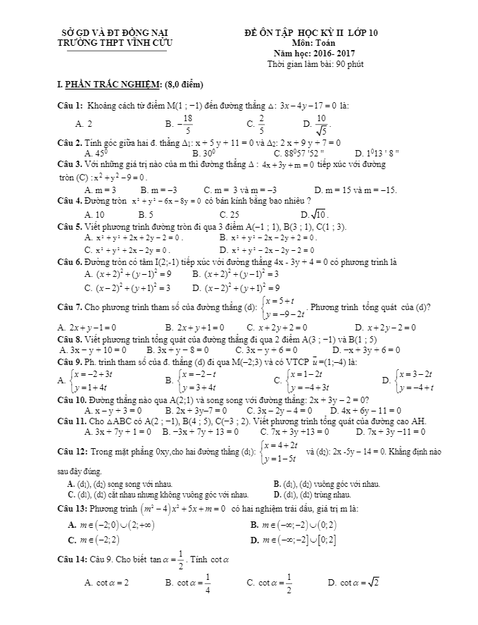 Đề ôn tập thi HK2 Toán 10 năm học 2016 – 2017 trường THPT Vĩnh Cửu – Đồng Nai