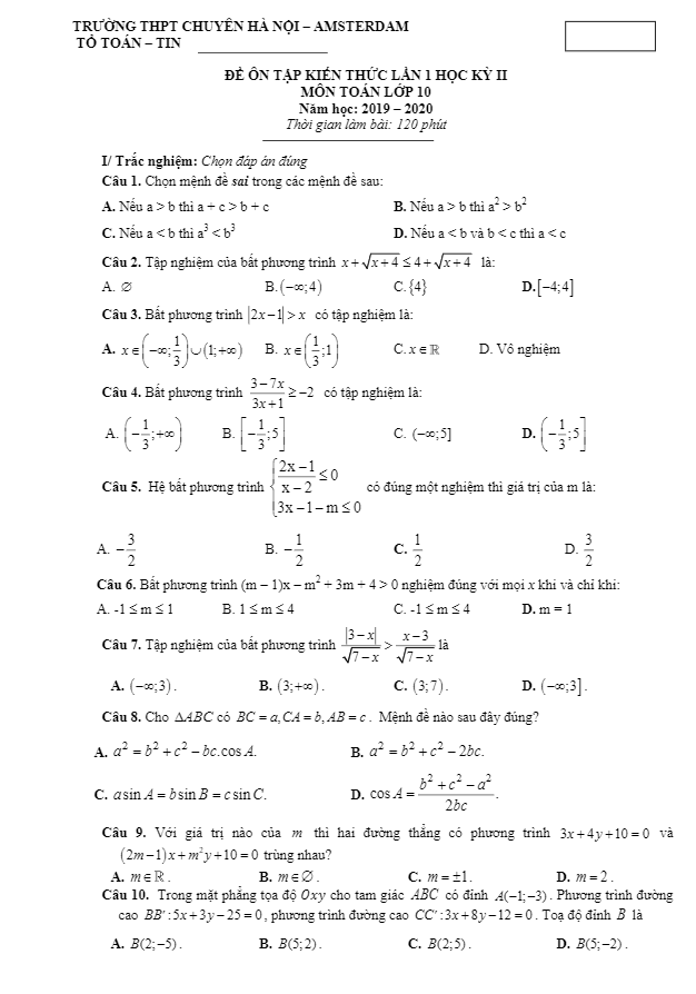 Đề ôn tập Toán 10 tháng 02/2020 trường THPT chuyên Hà Nội – Amsterdam