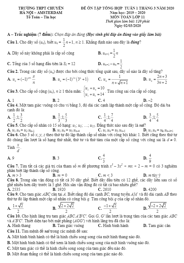 Đề ôn tập Toán 11 tháng 03 năm 2020 trường THPT chuyên Hà Nội – Amsterdam