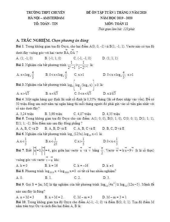Đề ôn tập Toán 12 tháng 03 năm 2020 trường THPT chuyên Hà Nội – Amsterdam