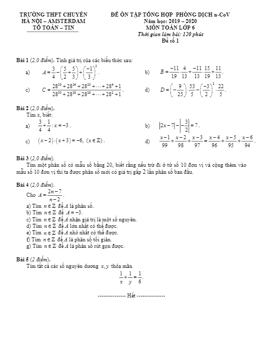 Đề ôn tập Toán 6 tháng 02/2020 trường THPT chuyên Hà Nội – Amsterdam