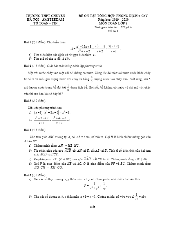 Đề ôn tập Toán 8 tháng 02/2020 trường THPT chuyên Hà Nội – Amsterdam