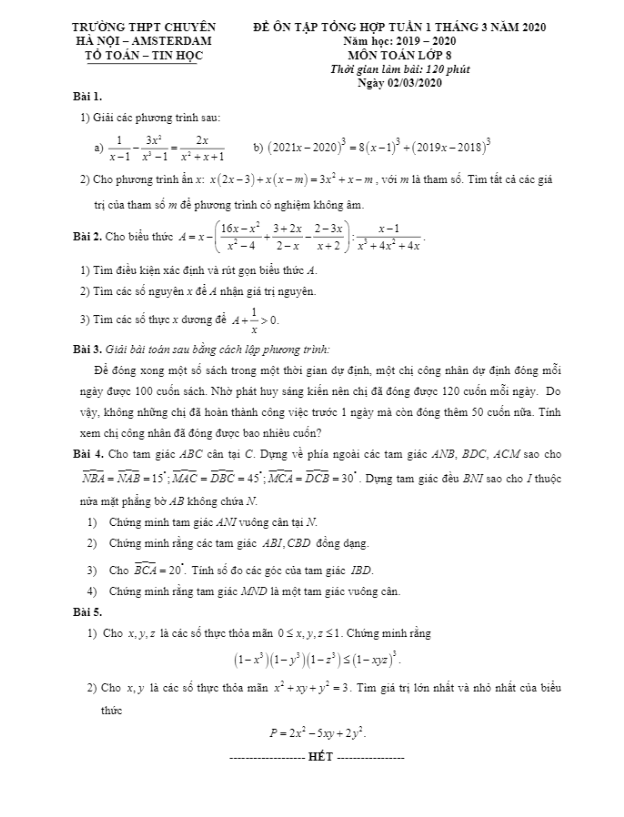 Đề ôn tập Toán 8 tháng 03 năm 2020 trường THPT chuyên Hà Nội – Amsterdam