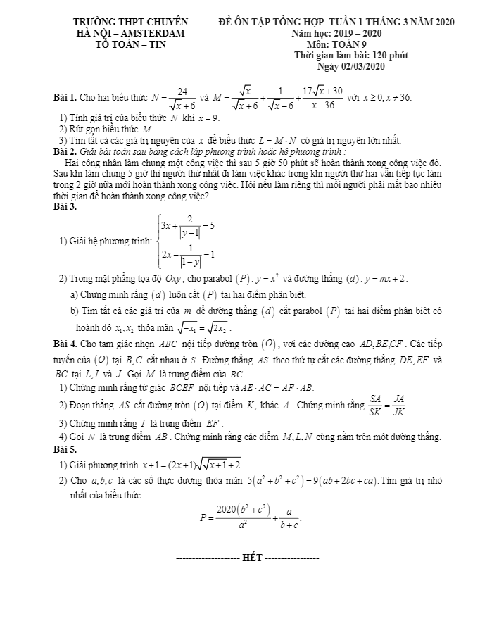 Đề ôn tập Toán 9 tháng 03 năm 2020 trường THPT chuyên Hà Nội – Amsterdam