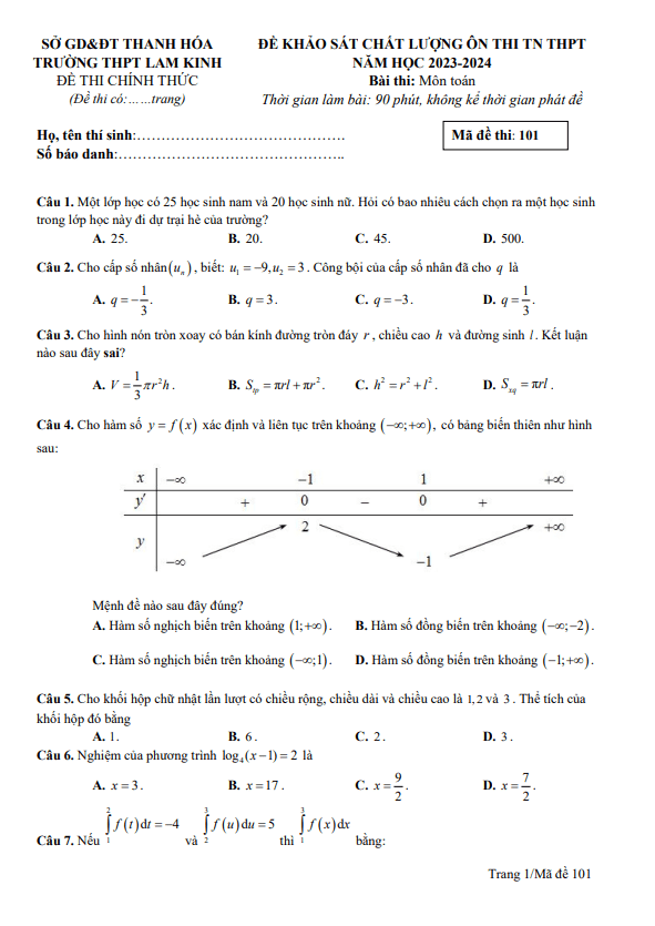 Đề ôn thi TN THPT 2024 môn Toán trường THPT Lam Kinh – Thanh Hóa
