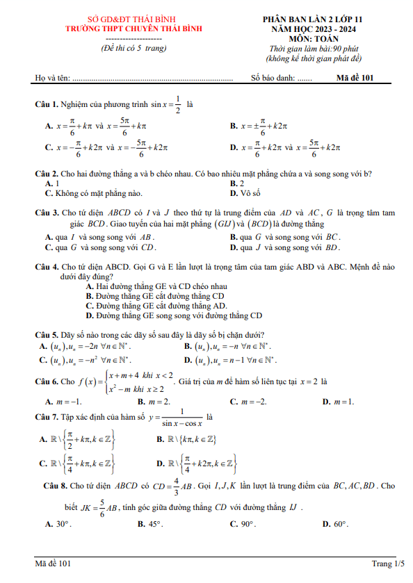 Đề phân ban lần 2 Toán 11 năm 2023 – 2024 trường THPT chuyên Thái Bình