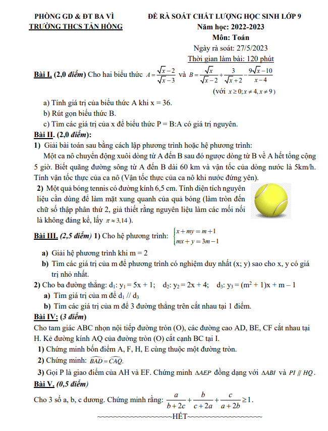 Đề rà soát Toán 9 năm 2022 – 2023 trường THCS Tản Hồng – Hà Nội