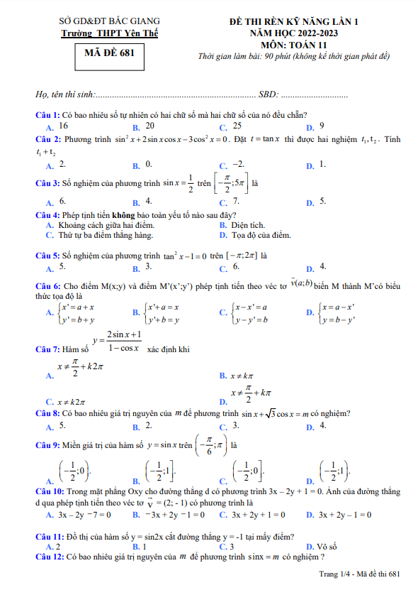 Đề rèn kỹ năng làm bài Toán 11 lần 1 năm 2022 – 2023 THPT Yên Thế – Bắc Giang