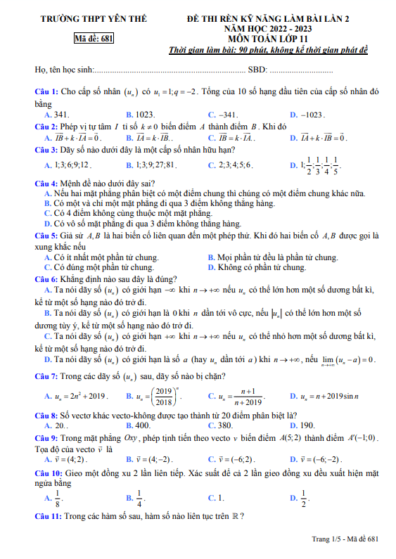 Đề rèn kỹ năng làm bài Toán 11 lần 2 năm 2022 – 2023 THPT Yên Thế – Bắc Giang
