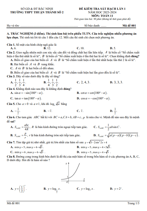 Đề sát hạch lần 1 Toán 11 năm 2023 – 2024 trường THPT Thuận Thành 2 – Bắc Ninh