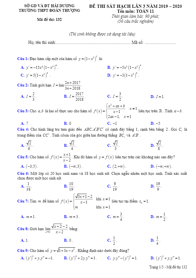 Đề sát hạch Toán 11 lần 3 năm 2019 – 2020 trường THPT Đoàn Thượng – Hải Dương